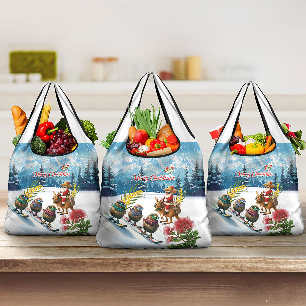 New Zealand and Australia Merry Christmas Grocery Bag Kiwi Birds Skiing and Koala Santa Riding Kangaroo LT03 3-pack One Size Multicolor - Polynesian Pride