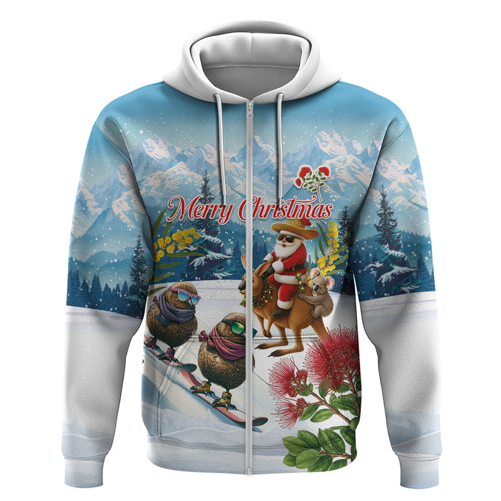 New Zealand and Australia Merry Christmas Hoodie Kiwi Birds Skiing and Koala Santa Riding Kangaroo LT03 Zip Hoodie Multicolor - Polynesian Pride