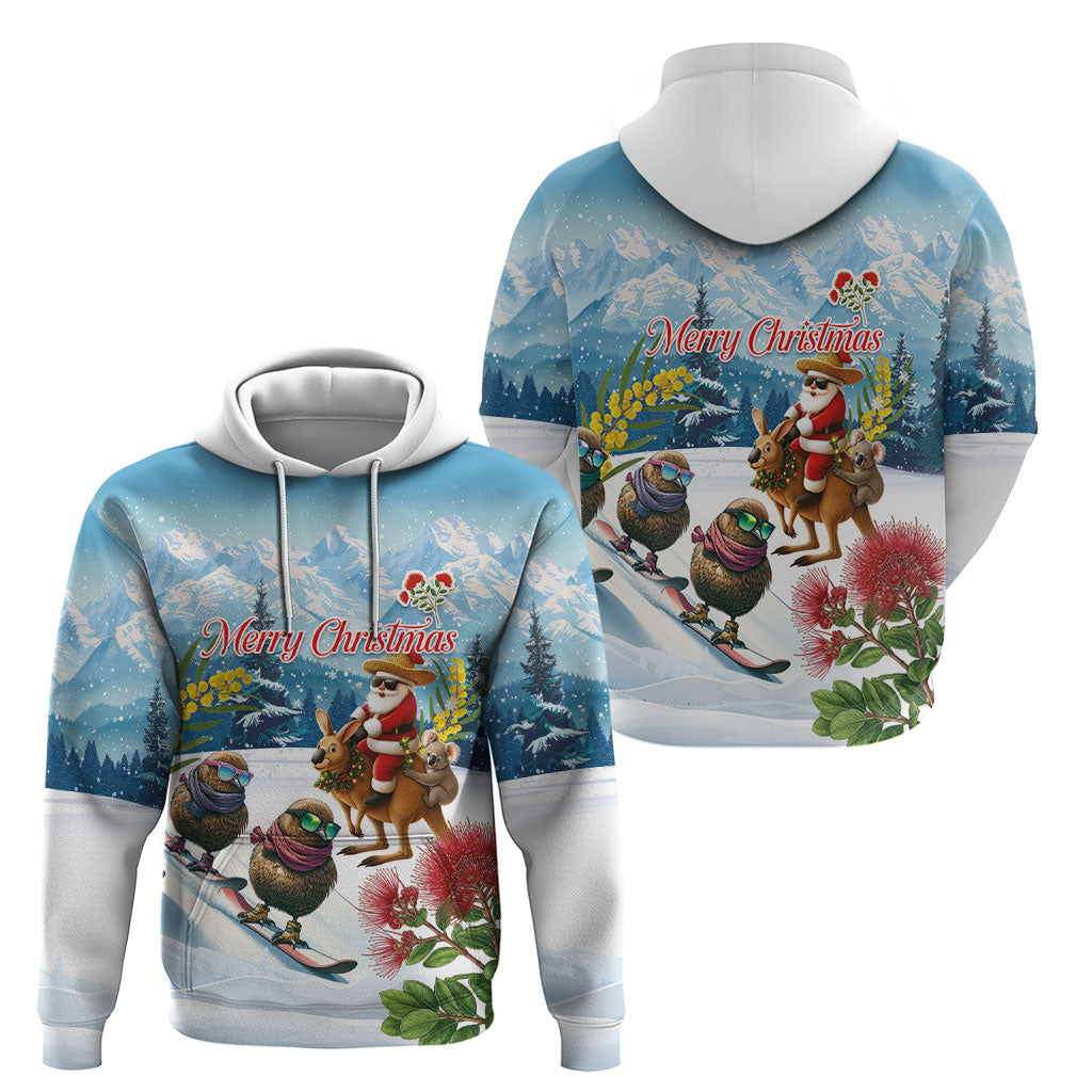New Zealand and Australia Merry Christmas Hoodie Kiwi Birds Skiing and Koala Santa Riding Kangaroo LT03 - Polynesian Pride