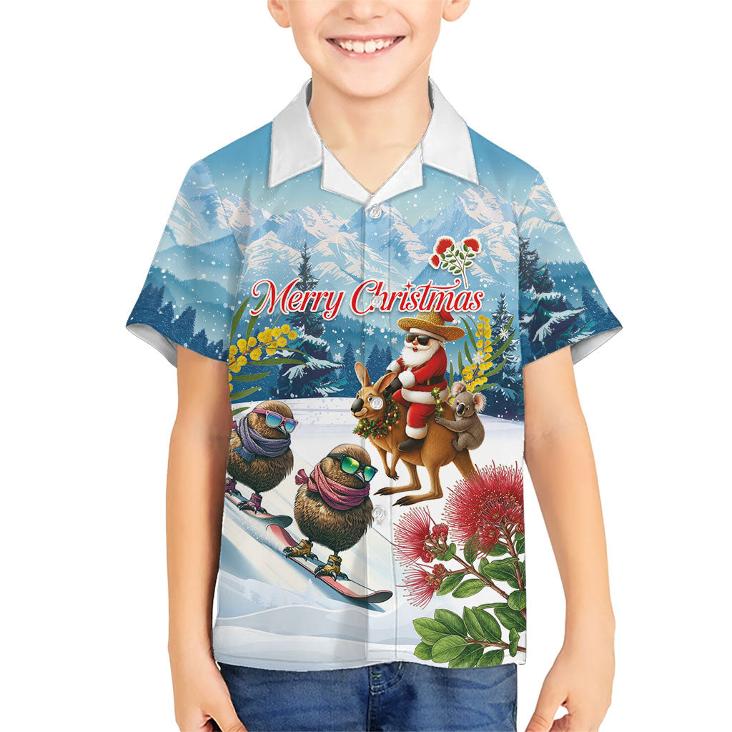 New Zealand and Australia Merry Christmas Kid Hawaiian Shirt Kiwi Birds Skiing and Koala Santa Riding Kangaroo LT03 Kid Multicolor - Polynesian Pride