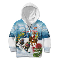 New Zealand and Australia Merry Christmas Kid Hoodie Kiwi Birds Skiing and Koala Santa Riding Kangaroo LT03 Zip Hoodie Multicolor - Polynesian Pride