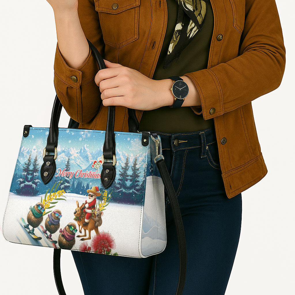 New Zealand and Australia Merry Christmas Leather Bag Kiwi Birds Skiing and Koala Santa Riding Kangaroo LT03 - Polynesian Pride