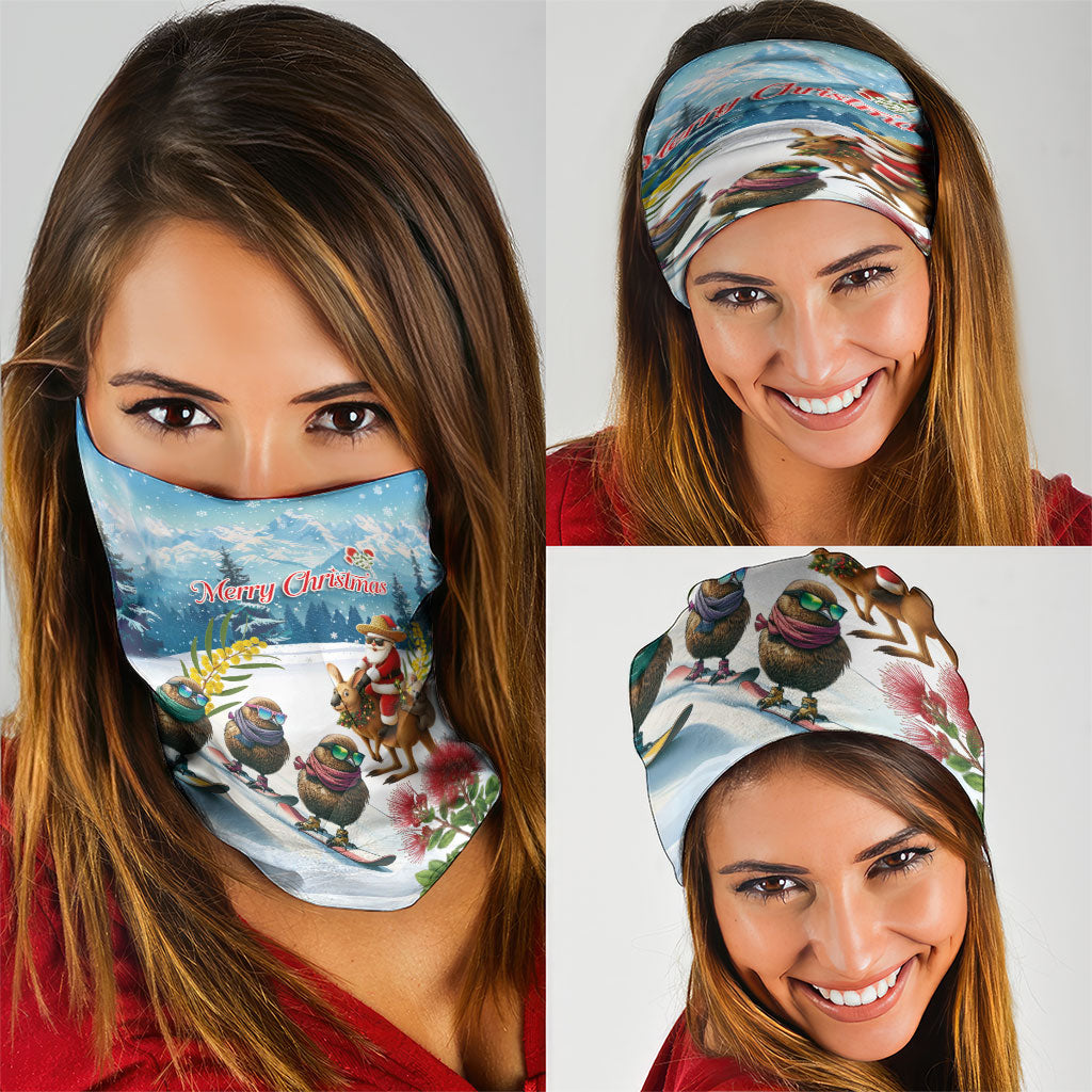 New Zealand and Australia Merry Christmas Neck Gaiter Kiwi Birds Skiing and Koala Santa Riding Kangaroo LT03 - Polynesian Pride