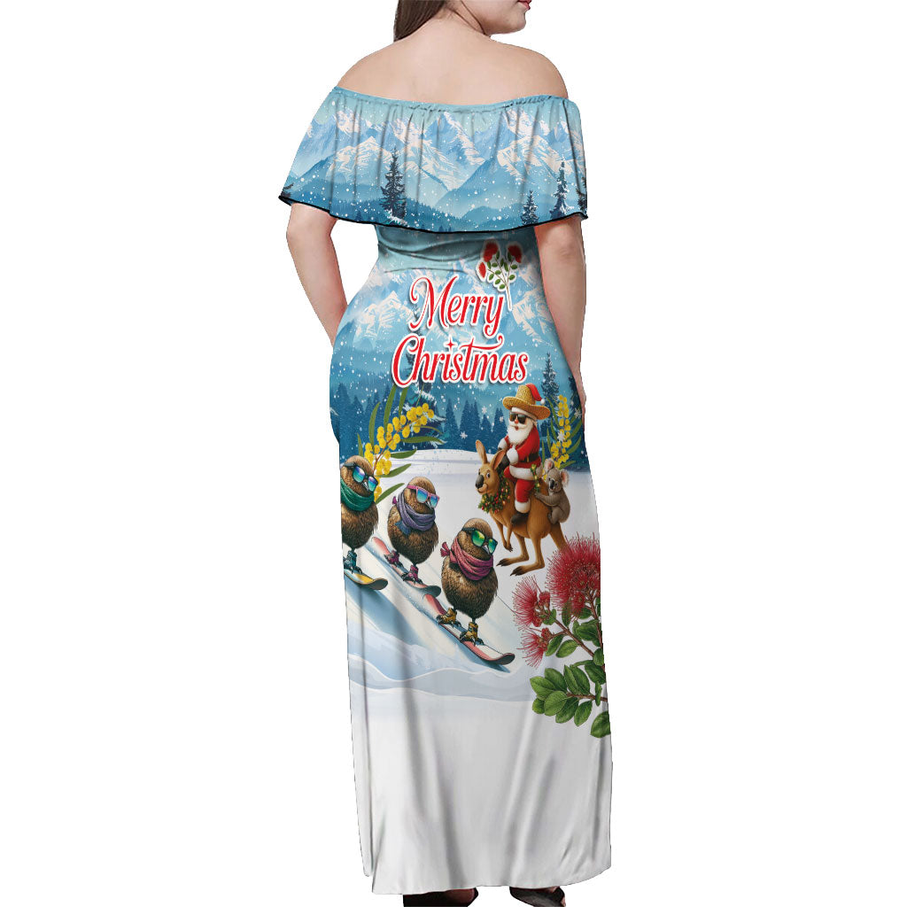 New Zealand and Australia Merry Christmas Off Shoulder Maxi Dress Kiwi Birds Skiing and Koala Santa Riding Kangaroo LT03 - Polynesian Pride