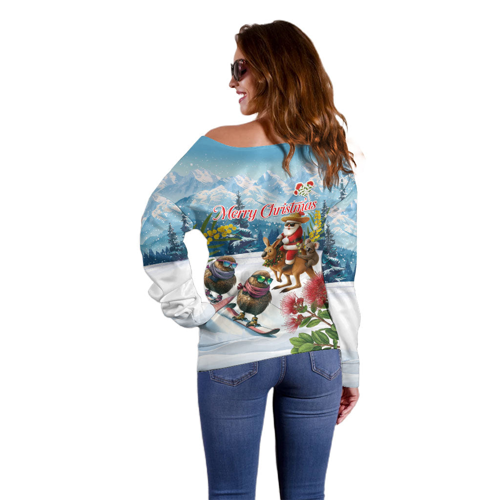 New Zealand and Australia Merry Christmas Off Shoulder Sweater Kiwi Birds Skiing and Koala Santa Riding Kangaroo LT03 - Polynesian Pride
