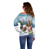 New Zealand and Australia Merry Christmas Off Shoulder Sweater Kiwi Birds Skiing and Koala Santa Riding Kangaroo LT03 - Polynesian Pride