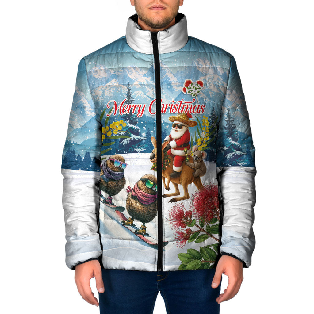 New Zealand and Australia Merry Christmas Padded Jacket Kiwi Birds Skiing and Koala Santa Riding Kangaroo LT03 Men Multicolor - Polynesian Pride