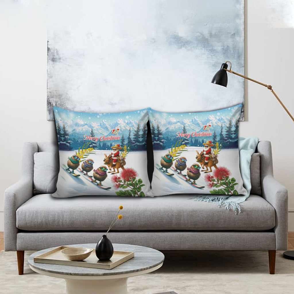 New Zealand and Australia Merry Christmas Pillow Cover Kiwi Birds Skiing and Koala Santa Riding Kangaroo LT03 - Polynesian Pride