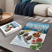 New Zealand and Australia Merry Christmas Puzzle Kiwi Birds Skiing and Koala Santa Riding Kangaroo LT03 - Polynesian Pride