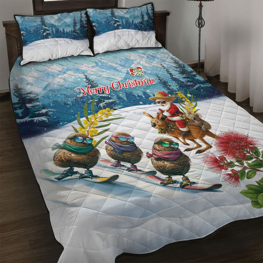 New Zealand and Australia Merry Christmas Quilt Bed Set Kiwi Birds Skiing and Koala Santa Riding Kangaroo LT03 Multicolor - Polynesian Pride