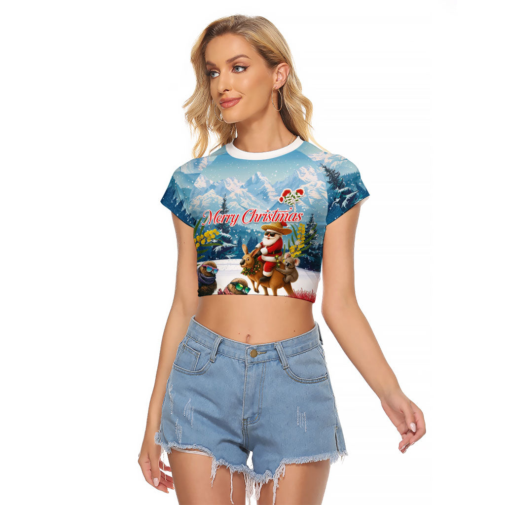 New Zealand and Australia Merry Christmas Raglan Cropped T Shirt Kiwi Birds Skiing and Koala Santa Riding Kangaroo LT03 Female Multicolor - Polynesian Pride