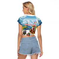 New Zealand and Australia Merry Christmas Raglan Cropped T Shirt Kiwi Birds Skiing and Koala Santa Riding Kangaroo LT03 - Polynesian Pride