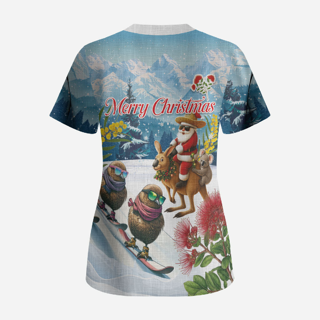 New Zealand and Australia Merry Christmas Scrub Top Kiwi Birds Skiing and Koala Santa Riding Kangaroo LT03 - Polynesian Pride