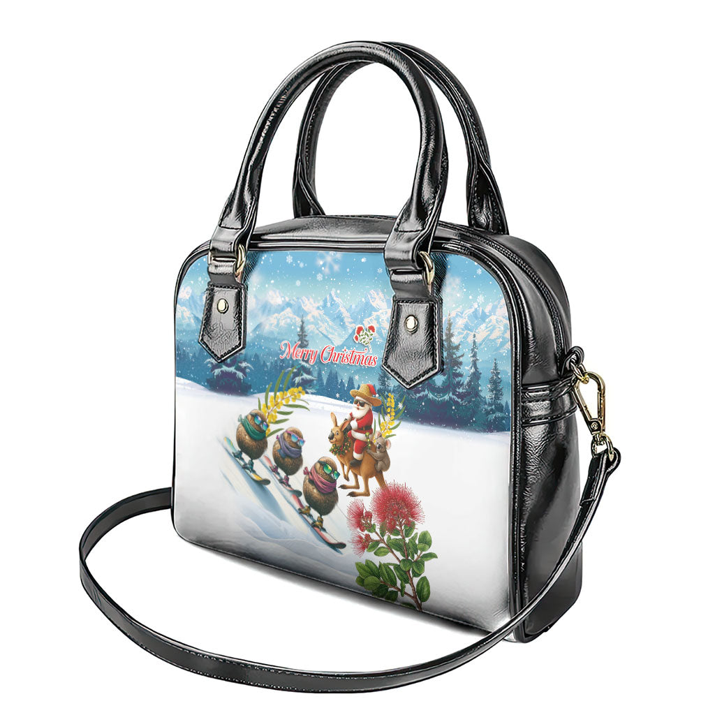 New Zealand and Australia Merry Christmas Shoulder Handbag Kiwi Birds Skiing and Koala Santa Riding Kangaroo LT03 - Polynesian Pride