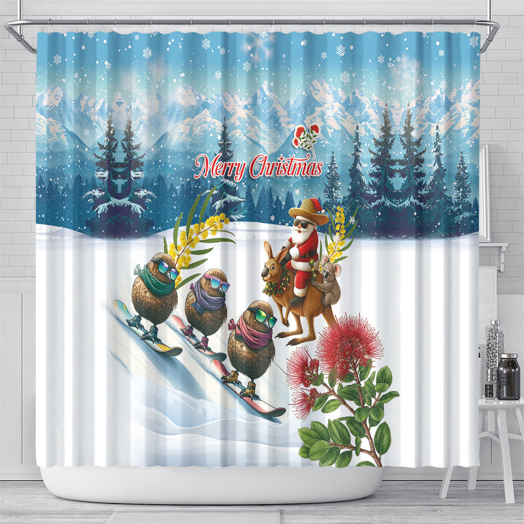 New Zealand and Australia Merry Christmas Shower Curtain Kiwi Birds Skiing and Koala Santa Riding Kangaroo LT03 - Polynesian Pride