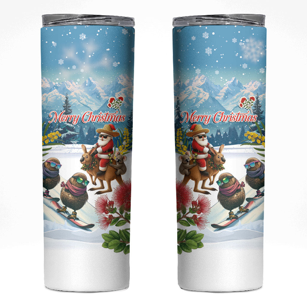 New Zealand and Australia Merry Christmas Skinny Tumbler Kiwi Birds Skiing and Koala Santa Riding Kangaroo LT03 Multicolor - Polynesian Pride
