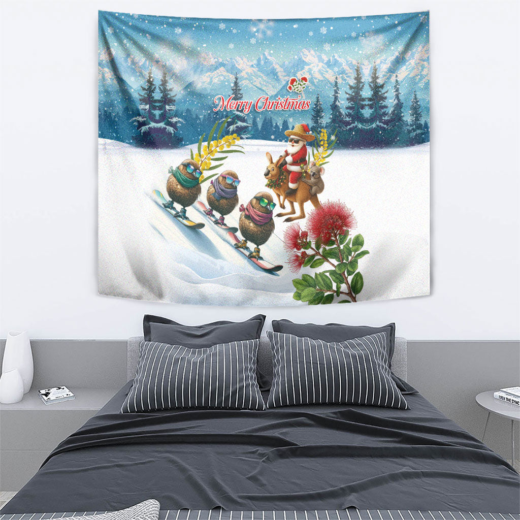 New Zealand and Australia Merry Christmas Tapestry Kiwi Birds Skiing and Koala Santa Riding Kangaroo LT03 - Polynesian Pride