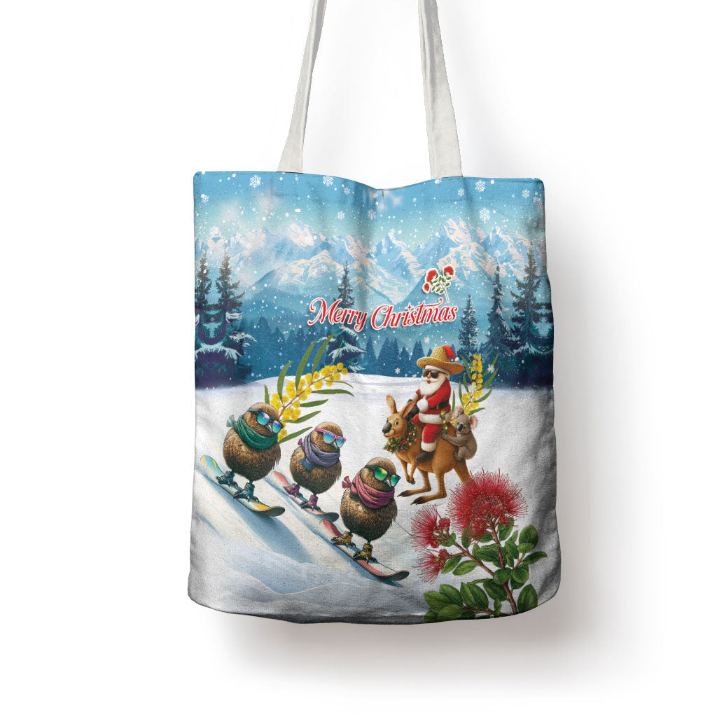 New Zealand and Australia Merry Christmas Tote Bag Kiwi Birds Skiing and Koala Santa Riding Kangaroo LT03 - Polynesian Pride