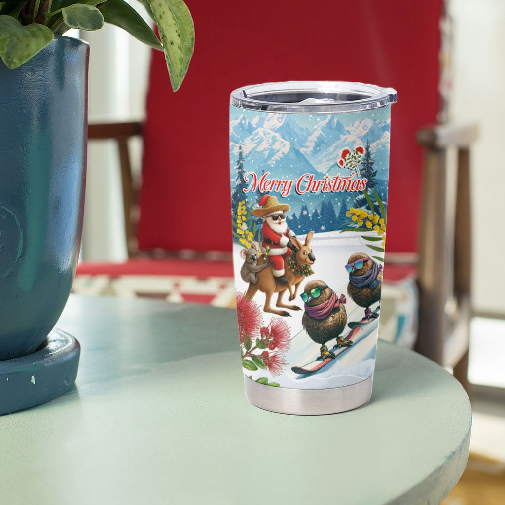 New Zealand and Australia Merry Christmas Tumbler Cup Kiwi Birds Skiing and Koala Santa Riding Kangaroo LT03 - Polynesian Pride
