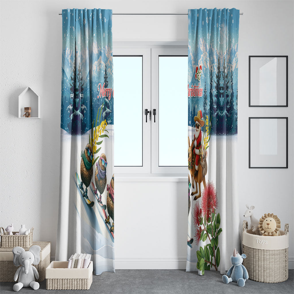 New Zealand and Australia Merry Christmas Window Curtain Kiwi Birds Skiing and Koala Santa Riding Kangaroo LT03 - Polynesian Pride