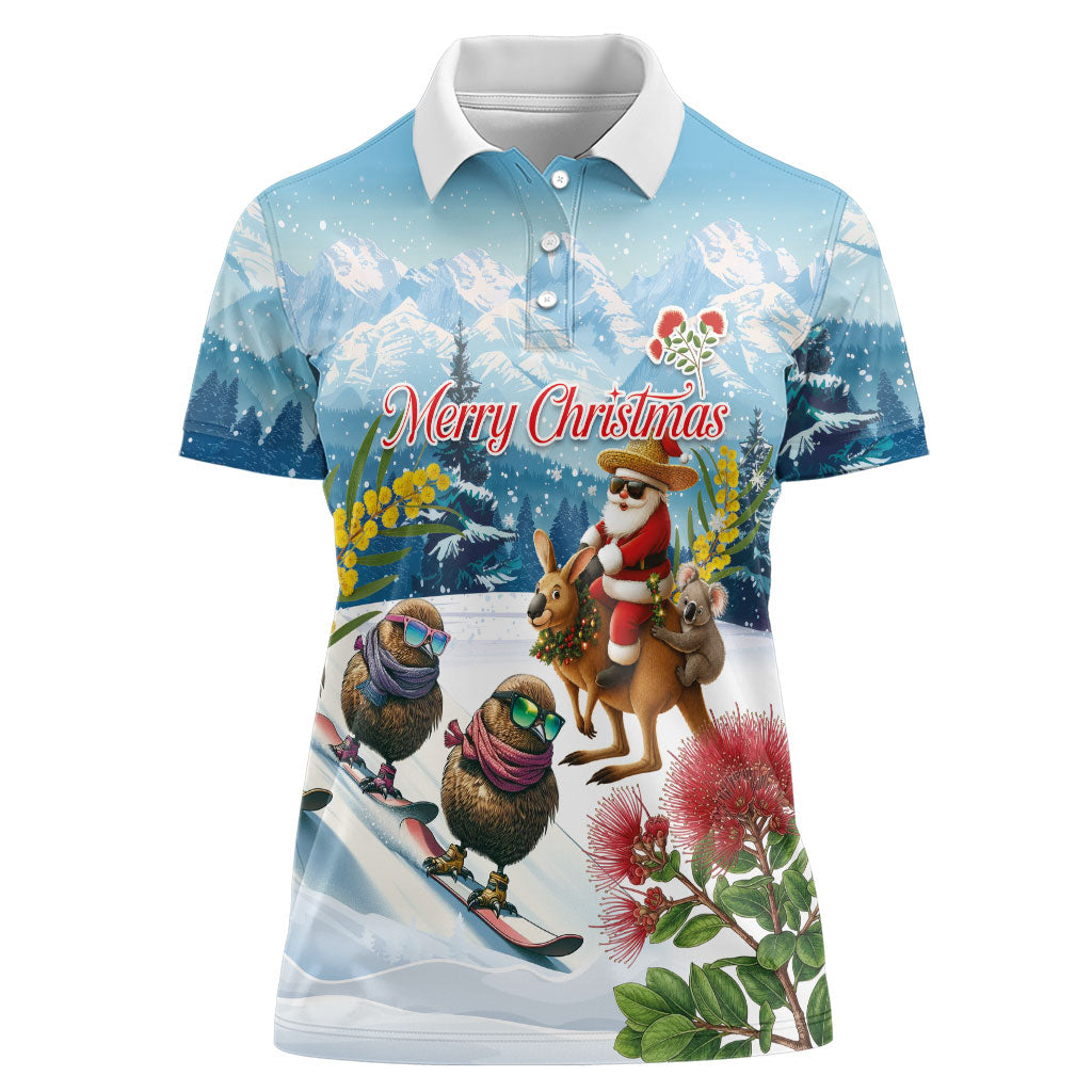 New Zealand and Australia Merry Christmas Women Polo Shirt Kiwi Birds Skiing and Koala Santa Riding Kangaroo LT03 Female Multicolor - Polynesian Pride
