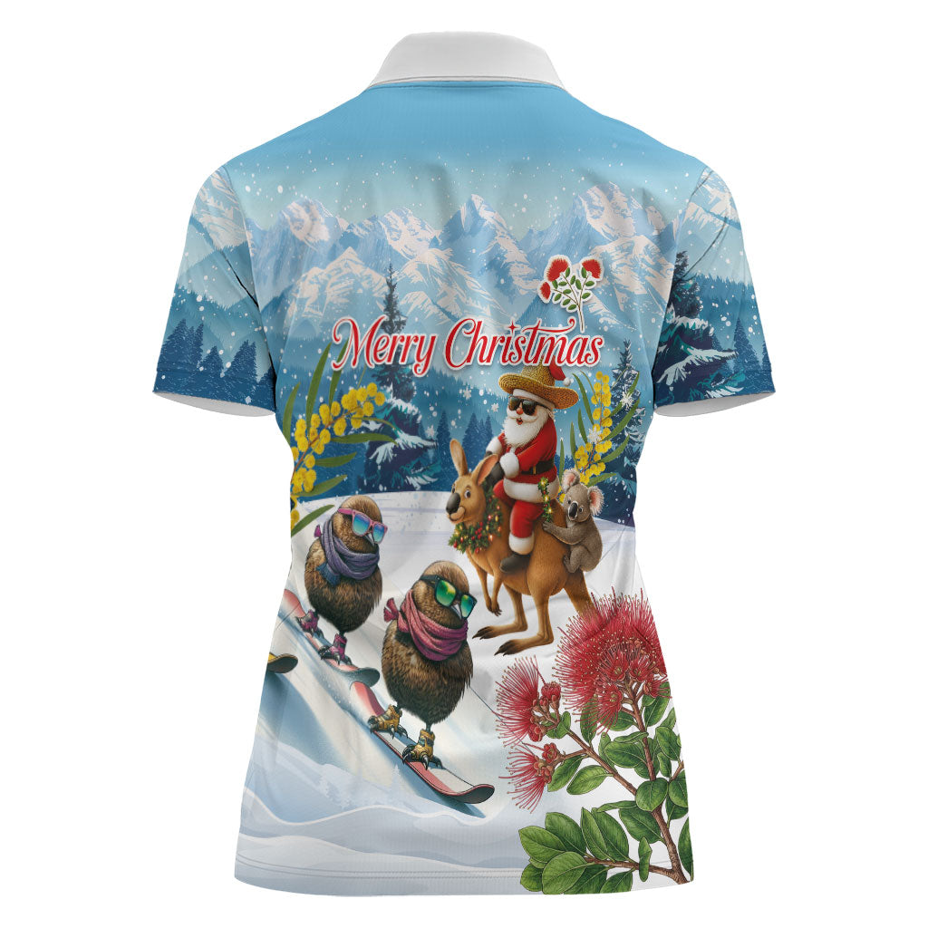 New Zealand and Australia Merry Christmas Women Polo Shirt Kiwi Birds Skiing and Koala Santa Riding Kangaroo LT03 - Polynesian Pride