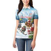 New Zealand and Australia Merry Christmas Women Polo Shirt Kiwi Birds Skiing and Koala Santa Riding Kangaroo LT03 - Polynesian Pride