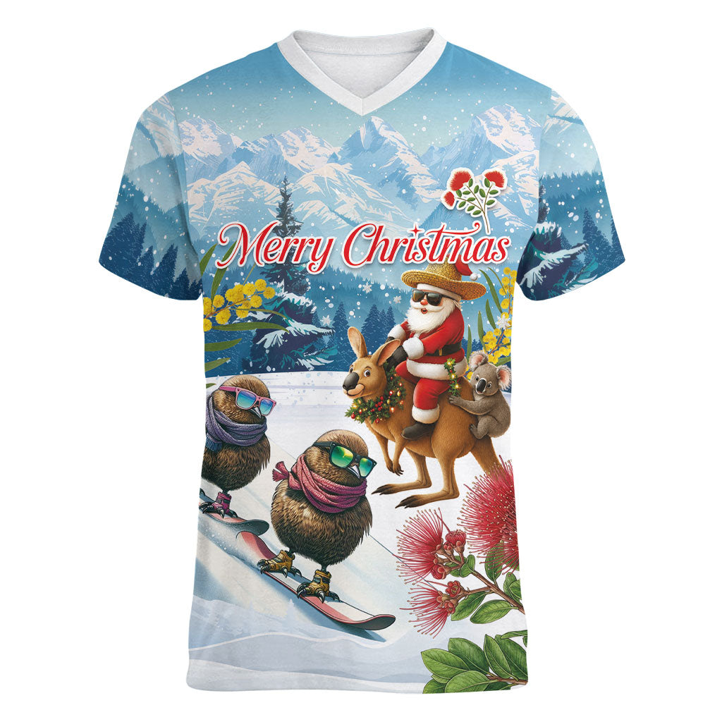 New Zealand and Australia Merry Christmas Women V-Neck T-Shirt Kiwi Birds Skiing and Koala Santa Riding Kangaroo LT03 Female Multicolor - Polynesian Pride