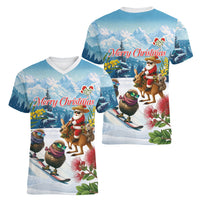New Zealand and Australia Merry Christmas Women V-Neck T-Shirt Kiwi Birds Skiing and Koala Santa Riding Kangaroo LT03 - Polynesian Pride