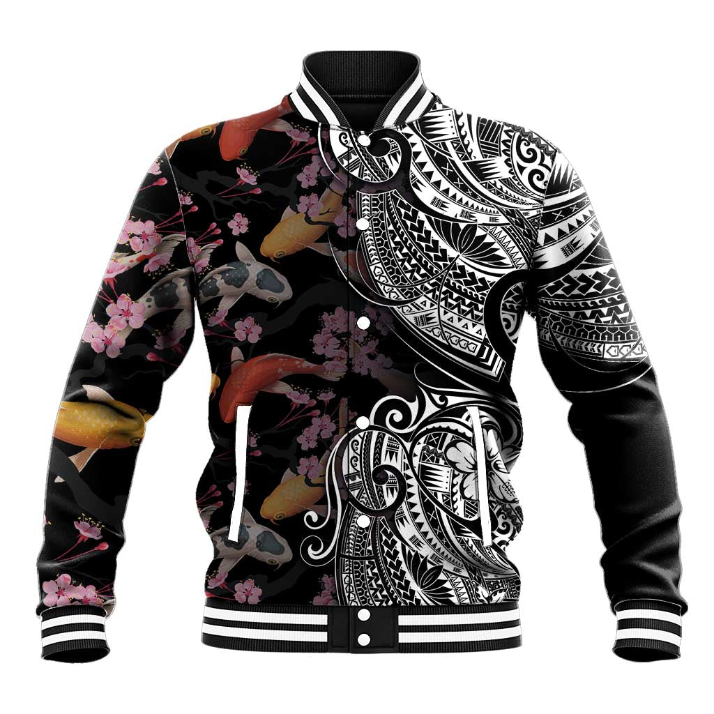 Hawaiian and Japanese Together Baseball Jacket Polynesian Triball Tattoo Koi Carps and Sakura LT03 Unisex Black - Polynesian Pride