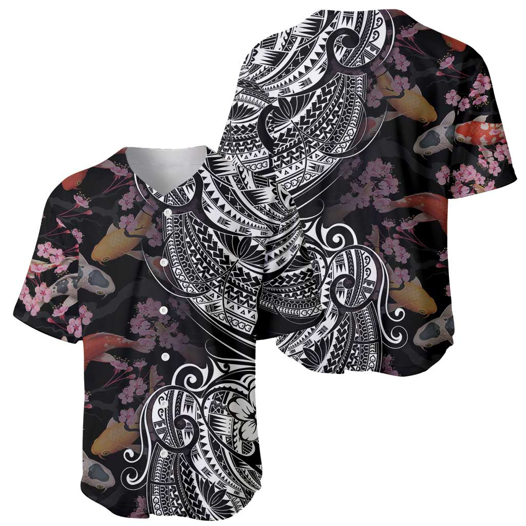 Hawaiian and Japanese Together Baseball Jersey Polynesian Triball Tattoo Koi Carps and Sakura LT03 - Polynesian Pride