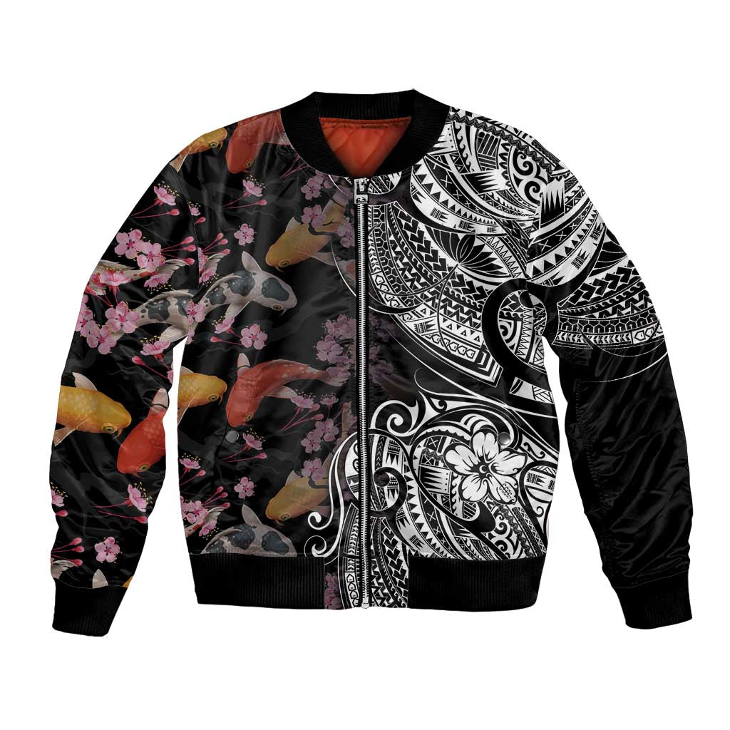 Hawaiian and Japanese Together Bomber Jacket Polynesian Triball Tattoo Koi Carps and Sakura