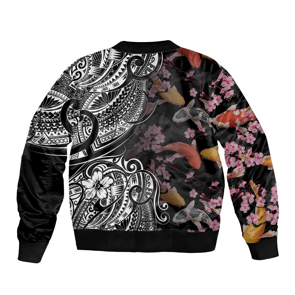 Hawaiian and Japanese Together Bomber Jacket Polynesian Triball Tattoo Koi Carps and Sakura