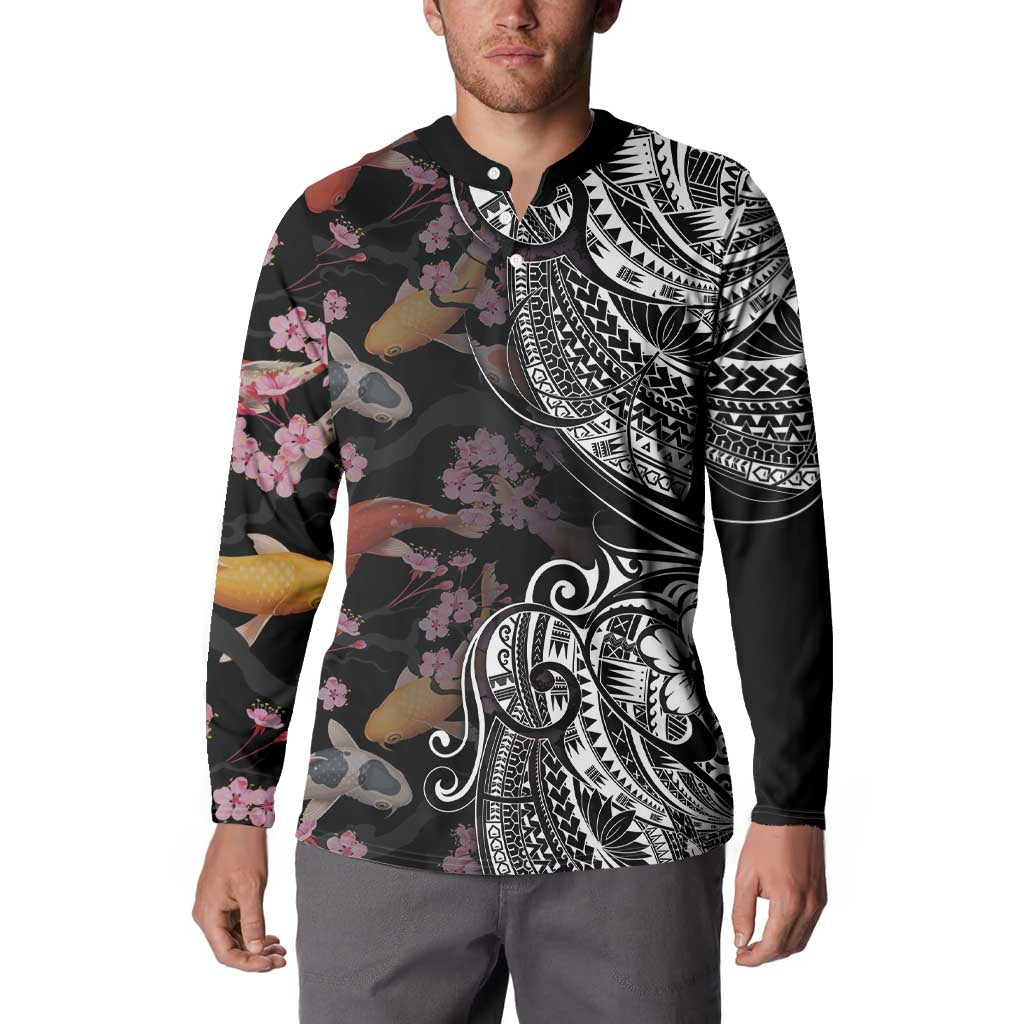 Hawaiian and Japanese Together Button Sweatshirt Polynesian Triball Tattoo Koi Carps and Sakura