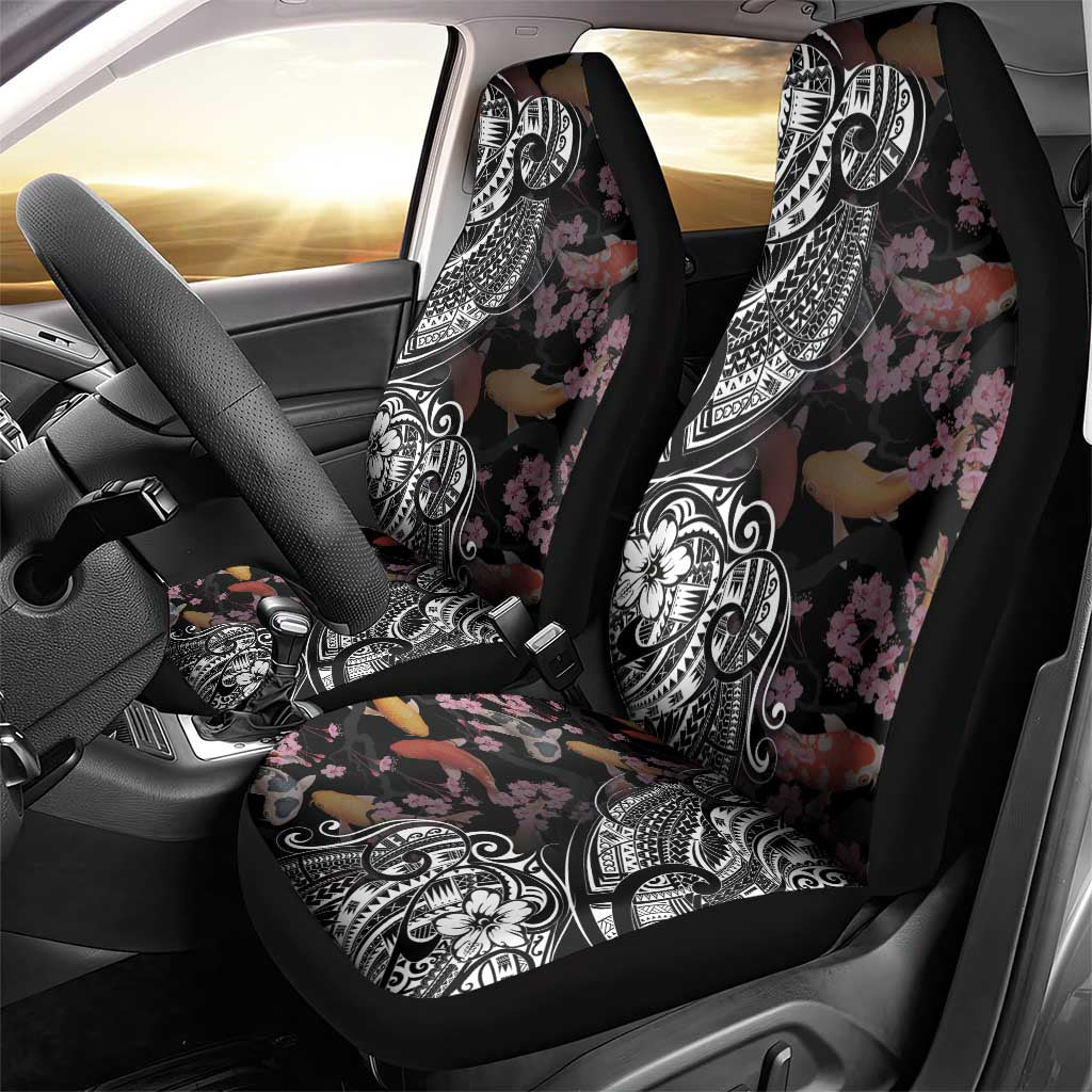 Hawaiian and Japanese Together Car Seat Cover Polynesian Triball Tattoo Koi Carps and Sakura