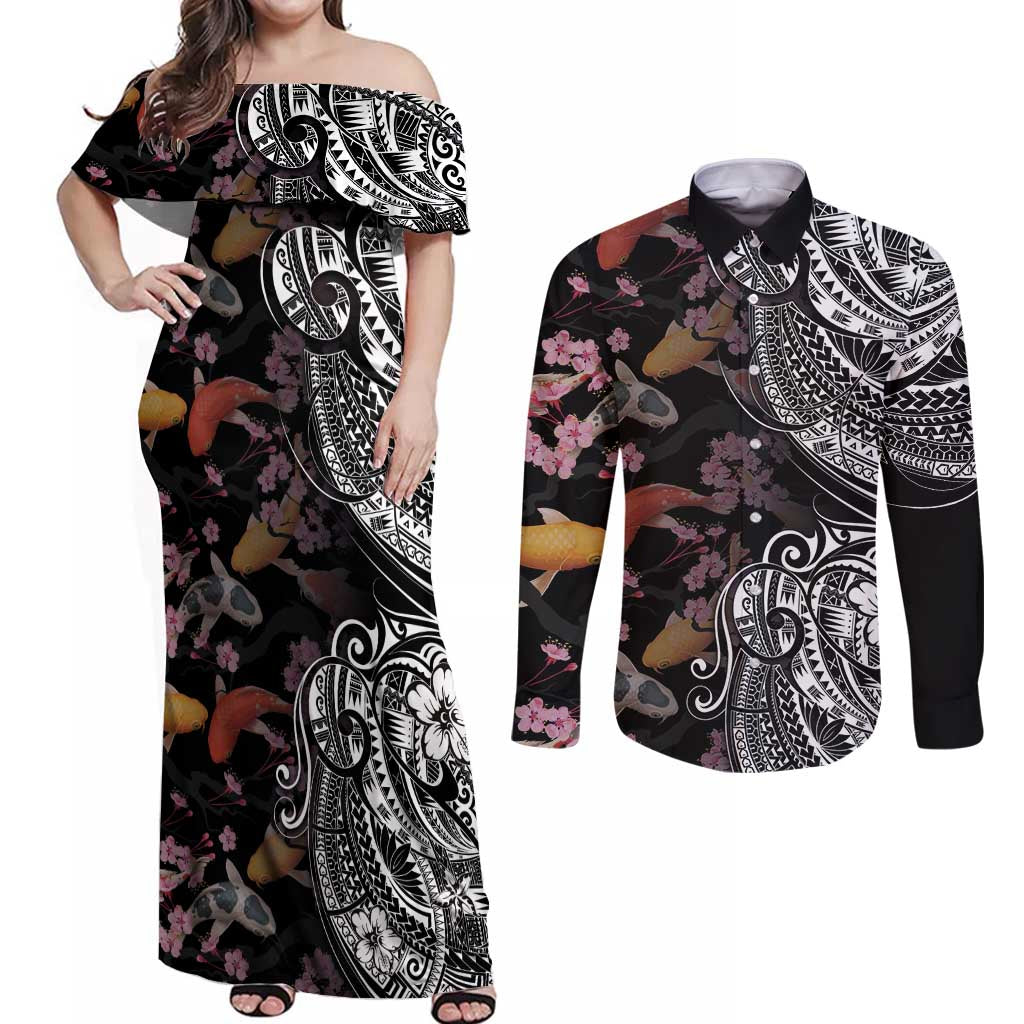 Hawaiian and Japanese Together Couples Matching Off Shoulder Maxi Dress and Long Sleeve Button Shirt Polynesian Triball Tattoo Koi Carps and Sakura
