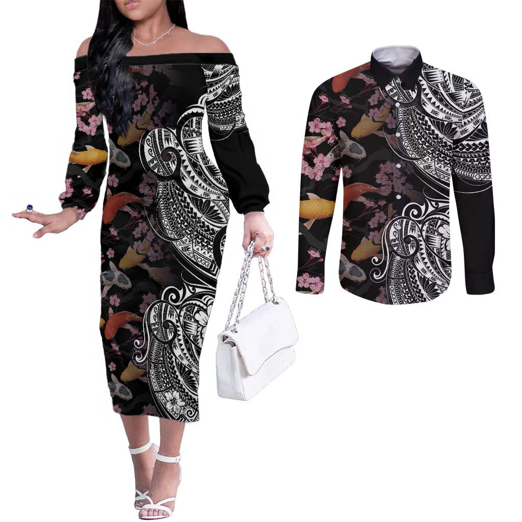 Hawaiian and Japanese Together Couples Matching Off The Shoulder Long Sleeve Dress and Long Sleeve Button Shirt Polynesian Triball Tattoo Koi Carps and Sakura