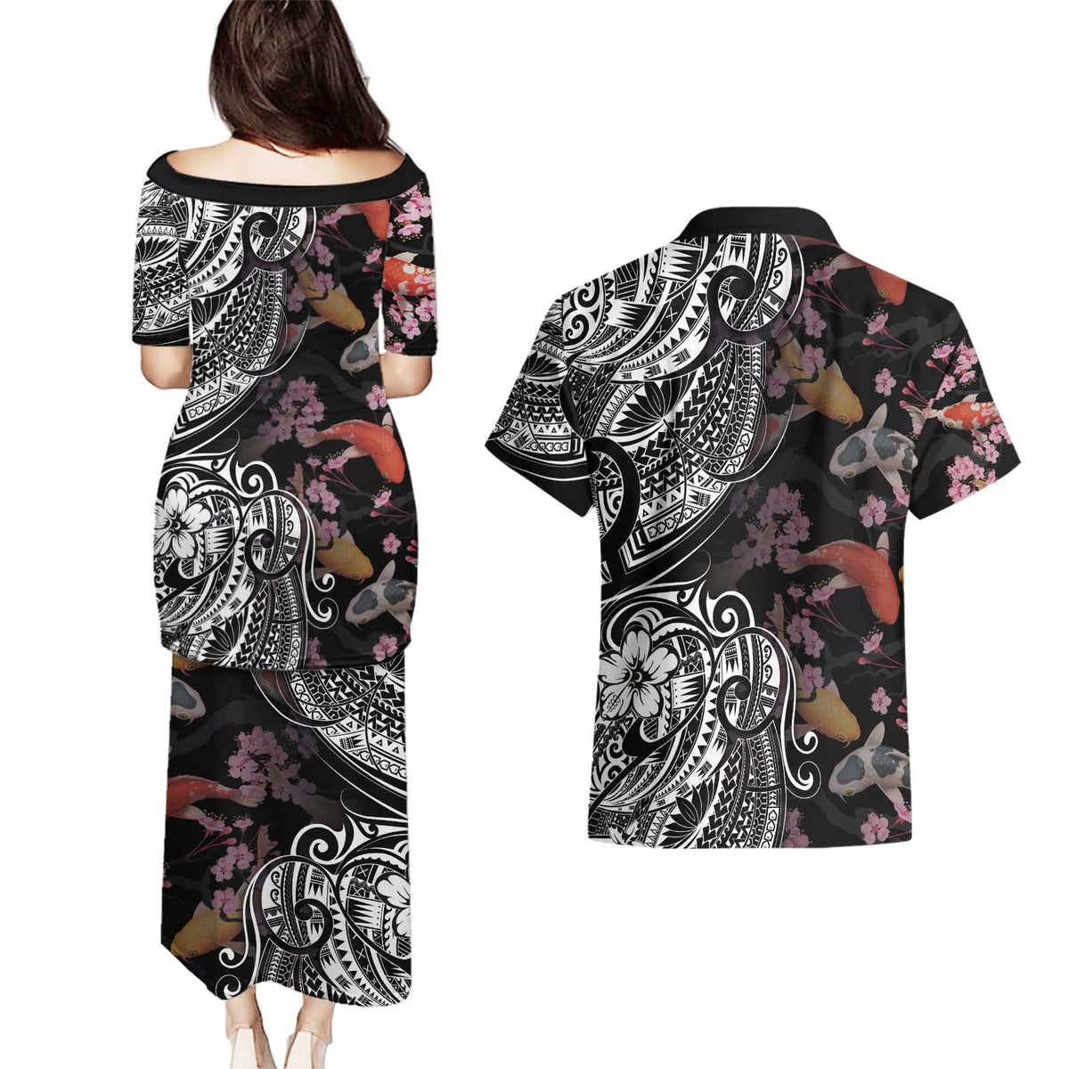 Hawaiian and Japanese Together Couples Matching Puletasi and Hawaiian Shirt Polynesian Triball Tattoo Koi Carps and Sakura