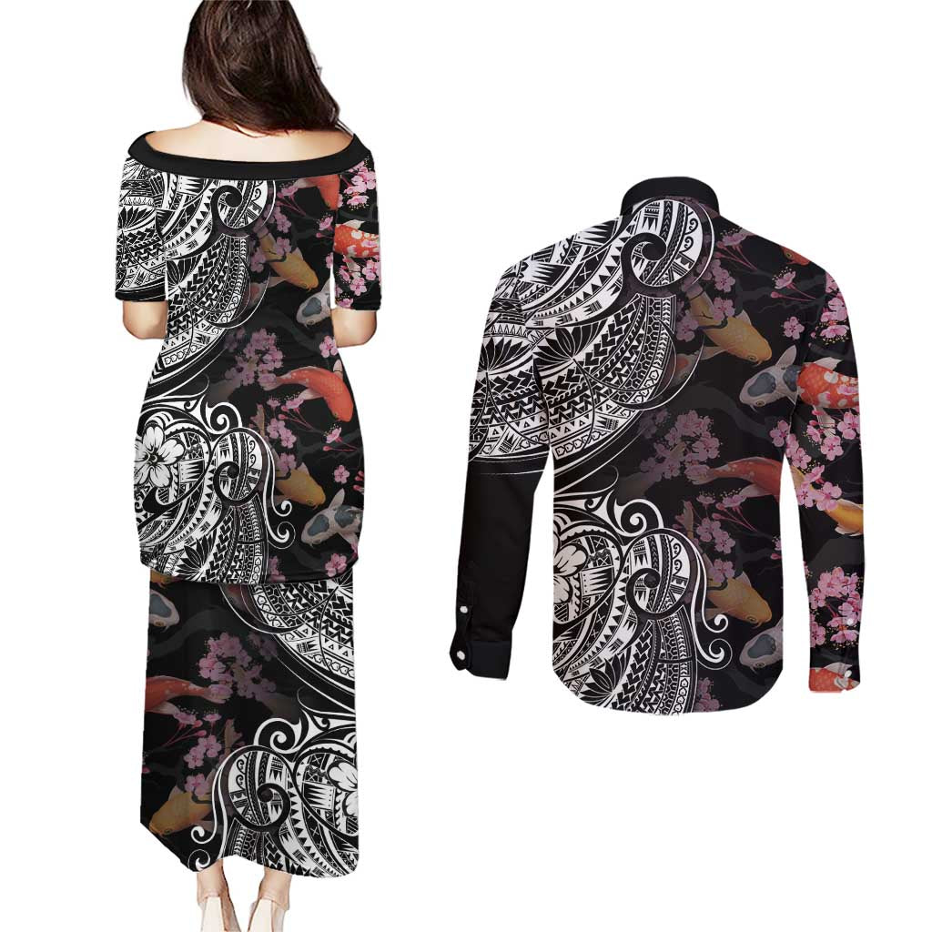 Hawaiian and Japanese Together Couples Matching Puletasi and Long Sleeve Button Shirt Polynesian Triball Tattoo Koi Carps and Sakura