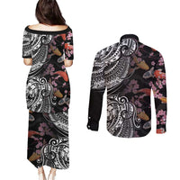 Hawaiian and Japanese Together Couples Matching Puletasi and Long Sleeve Button Shirt Polynesian Triball Tattoo Koi Carps and Sakura