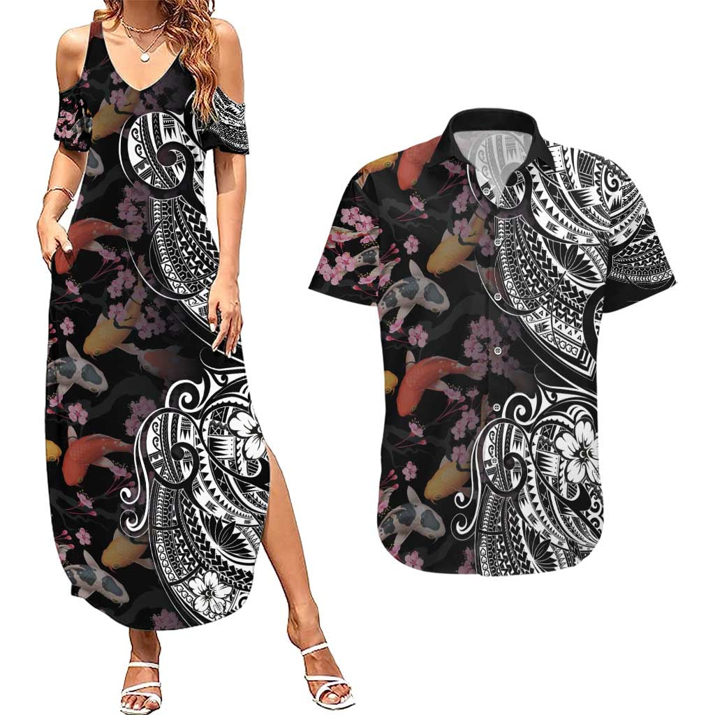 Hawaiian and Japanese Together Couples Matching Summer Maxi Dress and Hawaiian Shirt Polynesian Triball Tattoo Koi Carps and Sakura