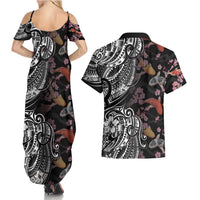 Hawaiian and Japanese Together Couples Matching Summer Maxi Dress and Hawaiian Shirt Polynesian Triball Tattoo Koi Carps and Sakura
