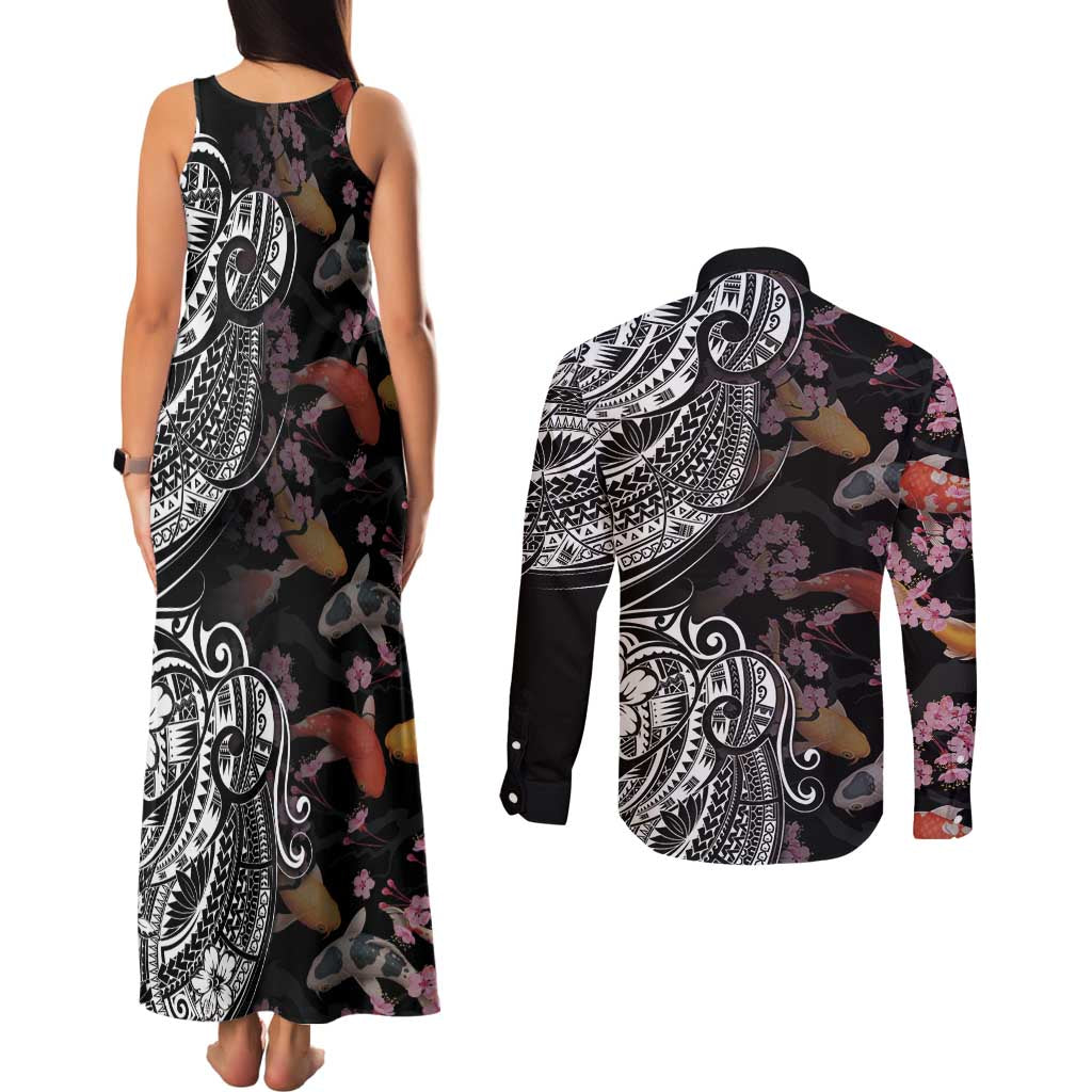 Hawaiian and Japanese Together Couples Matching Tank Maxi Dress and Long Sleeve Button Shirt Polynesian Triball Tattoo Koi Carps and Sakura
