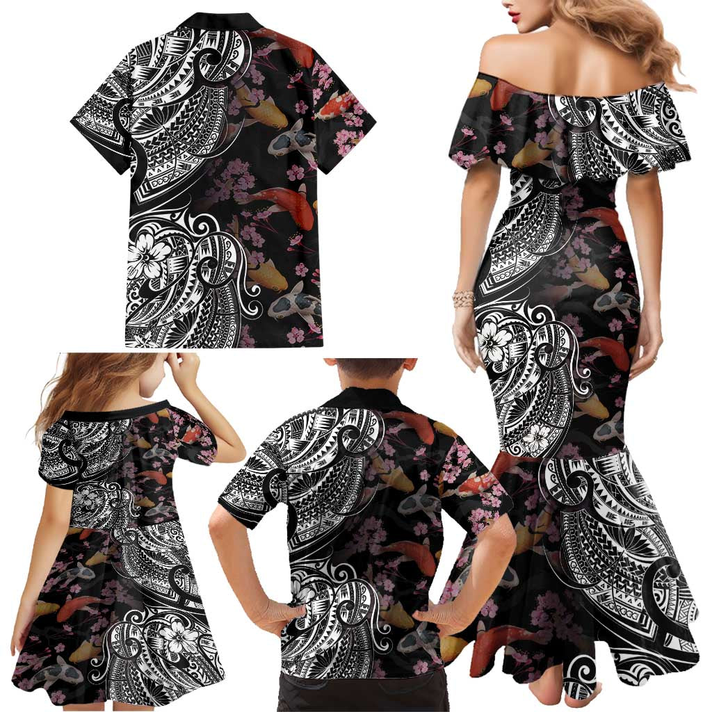 Hawaiian and Japanese Together Family Matching Mermaid Dress and Hawaiian Shirt Polynesian Triball Tattoo Koi Carps and Sakura