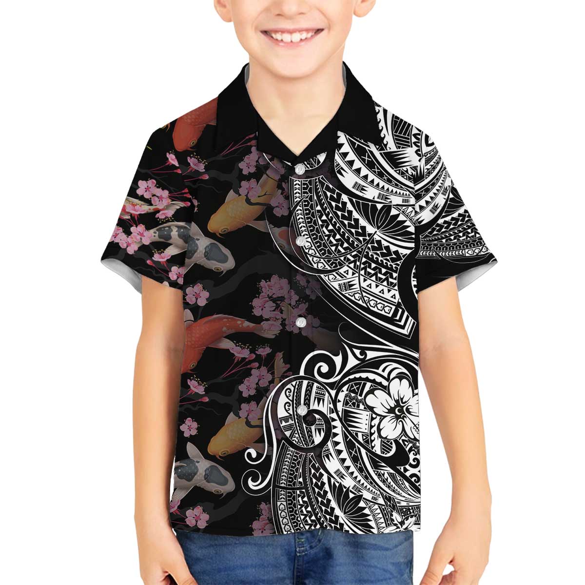 Hawaiian and Japanese Together Family Matching Off The Shoulder Long Sleeve Dress and Hawaiian Shirt Polynesian Triball Tattoo Koi Carps and Sakura