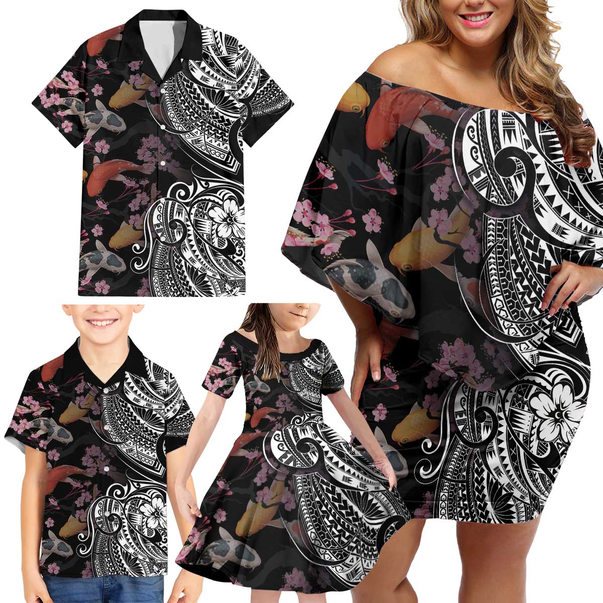 Hawaiian and Japanese Together Family Matching Off Shoulder Short Dress and Hawaiian Shirt Polynesian Triball Tattoo Koi Carps and Sakura