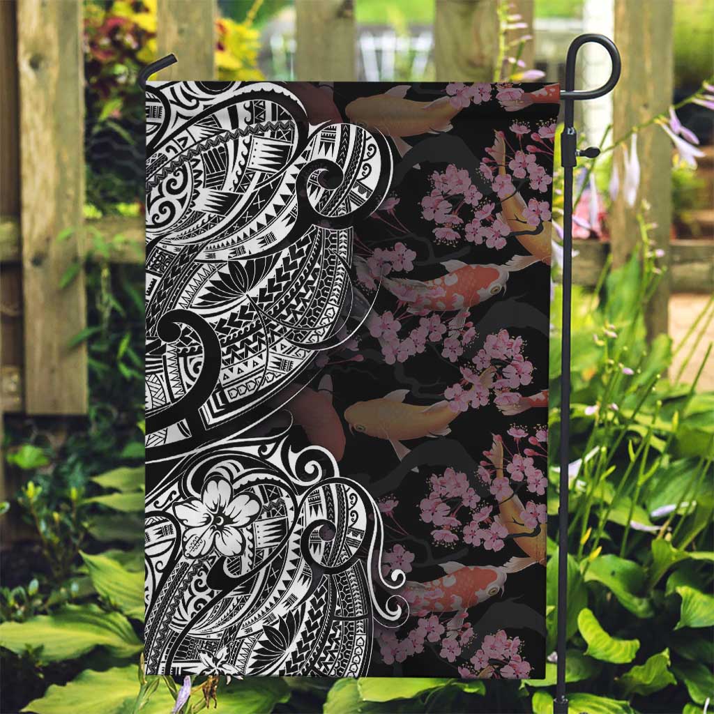 Hawaiian and Japanese Together Garden Flag Polynesian Triball Tattoo Koi Carps and Sakura