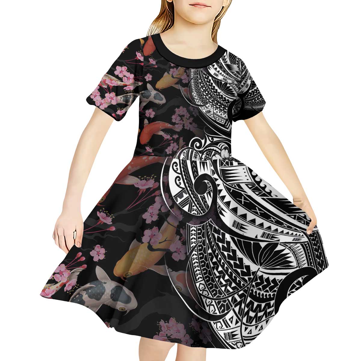 Hawaiian and Japanese Together Kid Short Sleeve Dress Polynesian Triball Tattoo Koi Carps and Sakura LT03 - Polynesian Pride