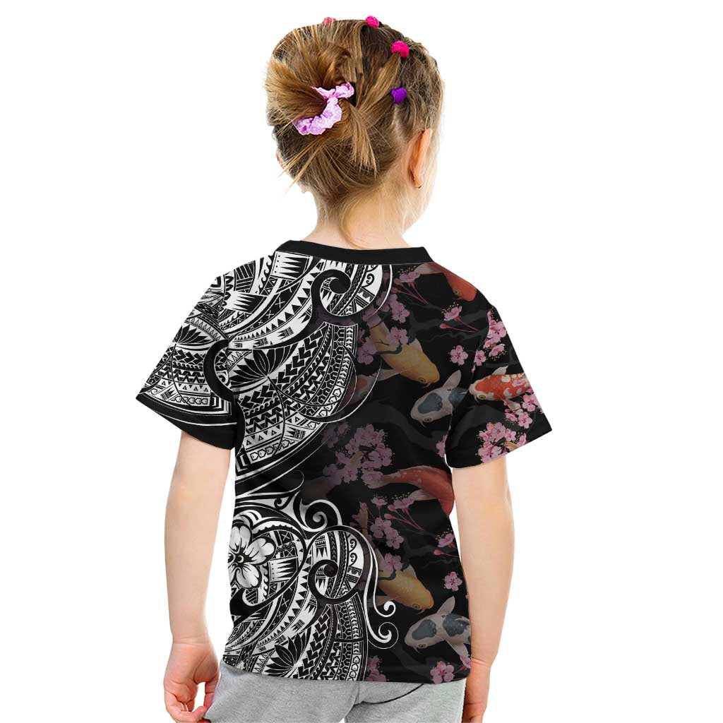 Hawaiian and Japanese Together Kid T Shirt Polynesian Triball Tattoo Koi Carps and Sakura LT03 - Polynesian Pride