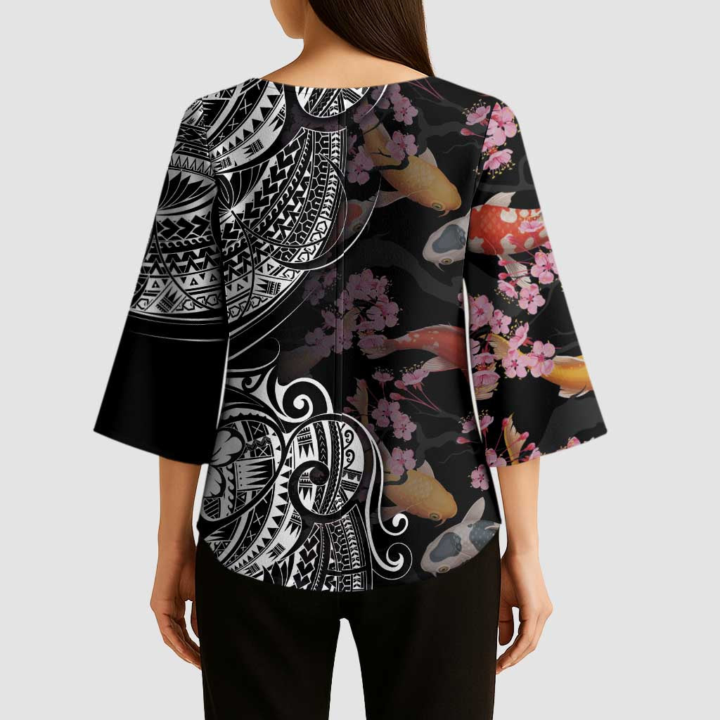 Hawaiian and Japanese Together Kimono Sleeve Blouse Polynesian Triball Tattoo Koi Carps and Sakura - Polynesian Pride